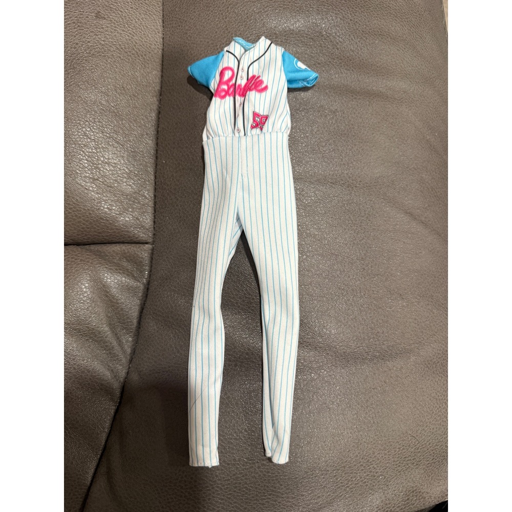 Barbie Doll Baseball Uniform Jumpsuit Pinstripe Blue White Pink Logo 59 Mattel